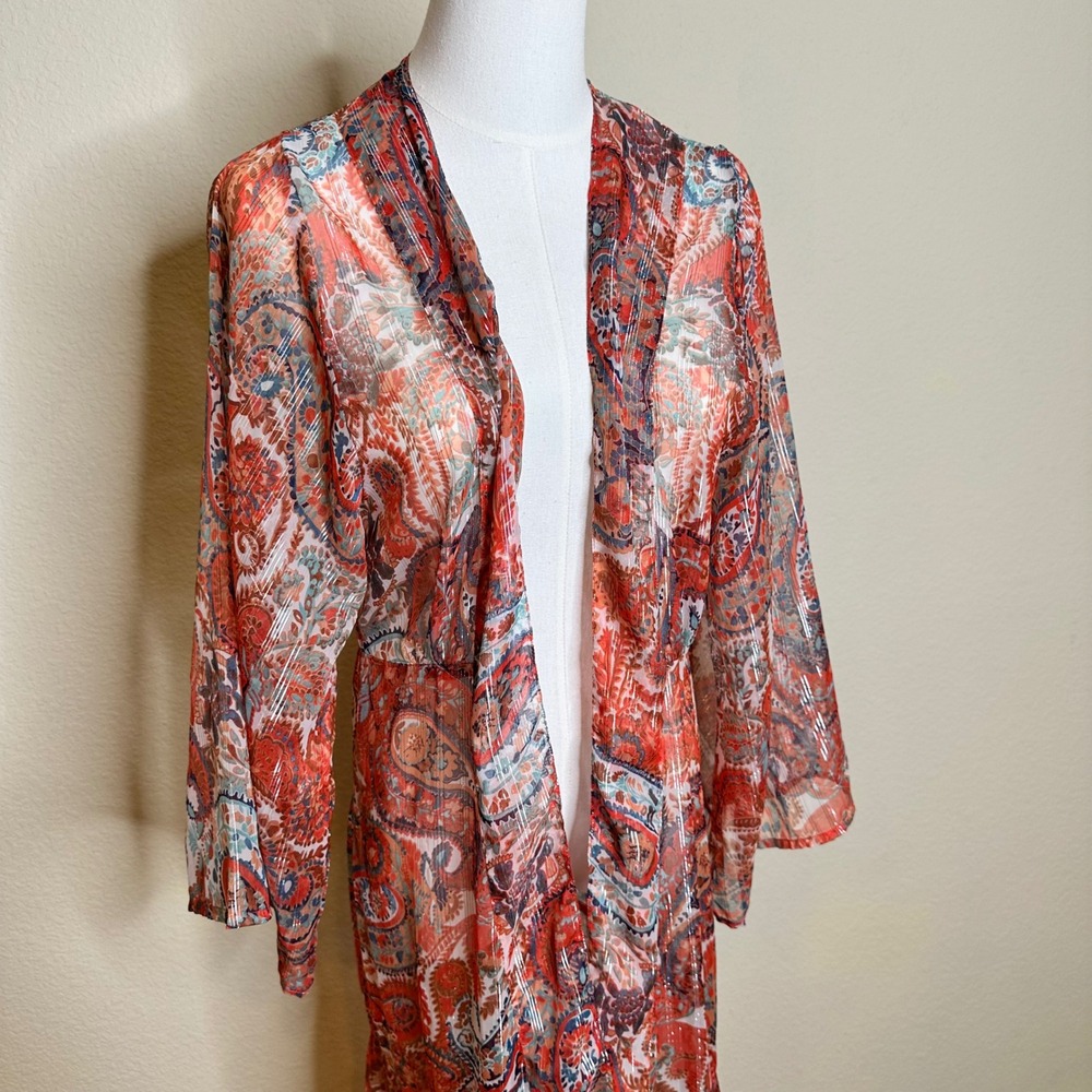 By Anthropologie Paisley Maxi Kimono Duster Metallic Sheer Red Blue One Size - Picture 4 of 9